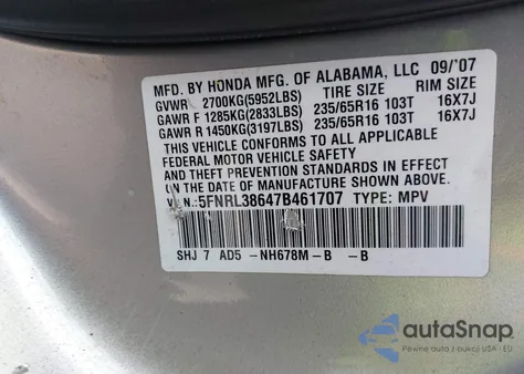 2007 Honda Odyssey Ex-L z USA, uszkodzony, nr VIN 5FNRL38647B461707